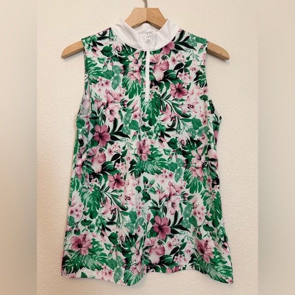 TOMMY BAHAMA Pink Green Sands Floral Sleeveless Mock Golf Shirt - Picture 1 of 6